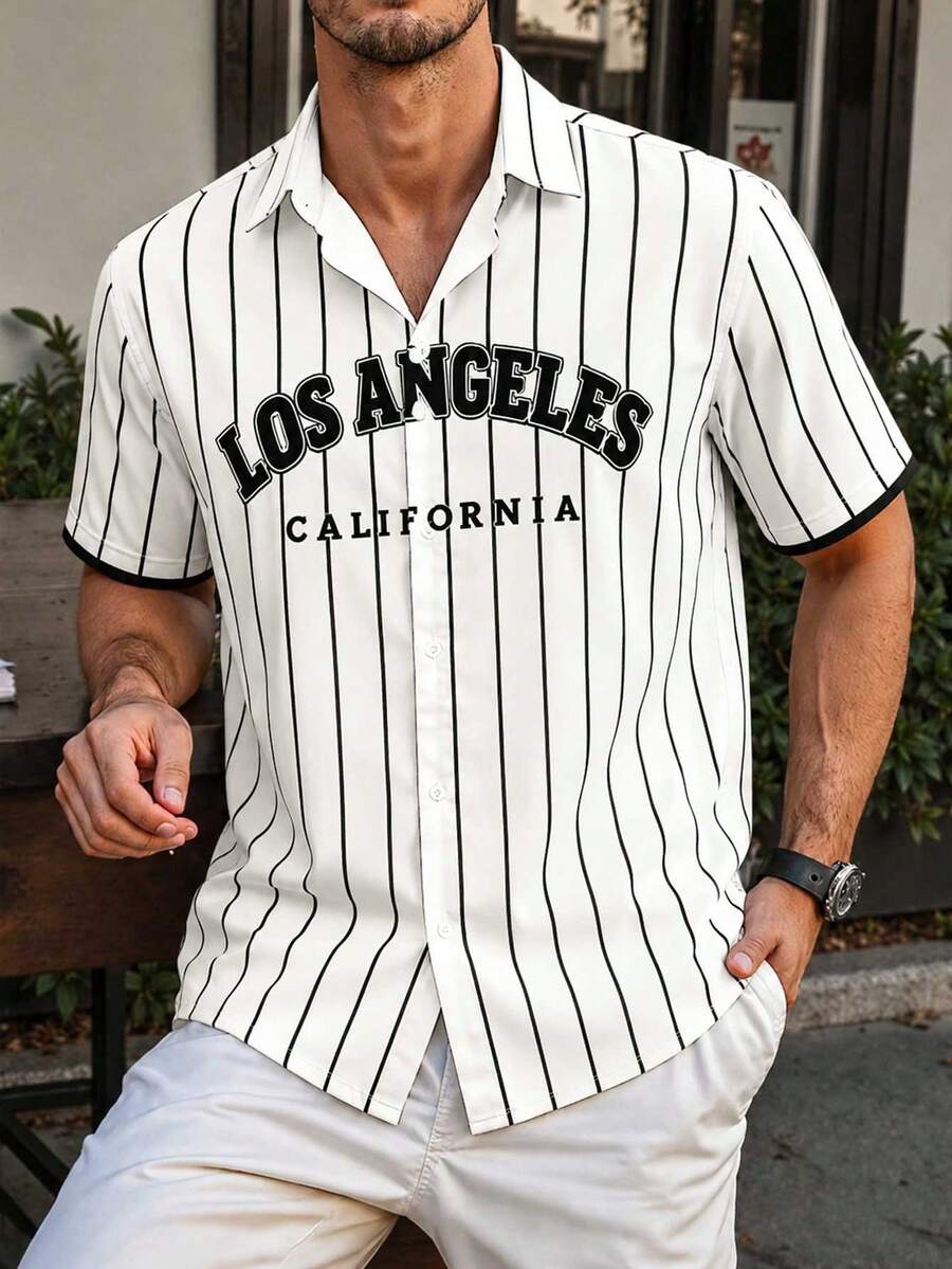 男士抗衰老条纹字母印花衬衫,印有“LOS ANGELES”字母图案,适合日常休闲穿着。 - 彩色 - 查看 1