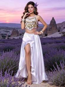 Professional Belly Dance Mesh Coin Halter Crop Top, Elastic Waist High Slit Flowy Satin Skirt For Dance Training, Shows And Competitions - Multicolor - View 1