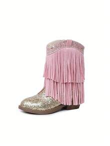 NILOSH Girls' Glitter Tassel Denim Boots, Western Mid-Calf Boots, Suitable For Party, Dance And Performance - Baby Pink - View 24