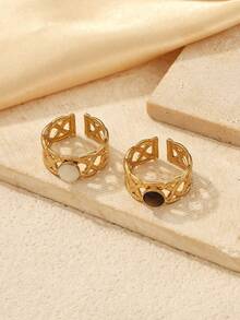 2pcs Stainless Steel Vintage Hollow Woven Open Adjustable Rings, Inlaid With Brown Tiger Eye And White Natural Stone, 18K Gold Plated Wide Band Rings For Women Daily Accessories - Yellow Gold - View 3