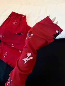Women's Red Cartoon Puppy Print Pajama Set, Long Sleeve Top With Padded Chest And Long Pants, Cardigan Style Loungewear, New Design, Suitable For Outdoor Wear, Random Print - Red - View 6