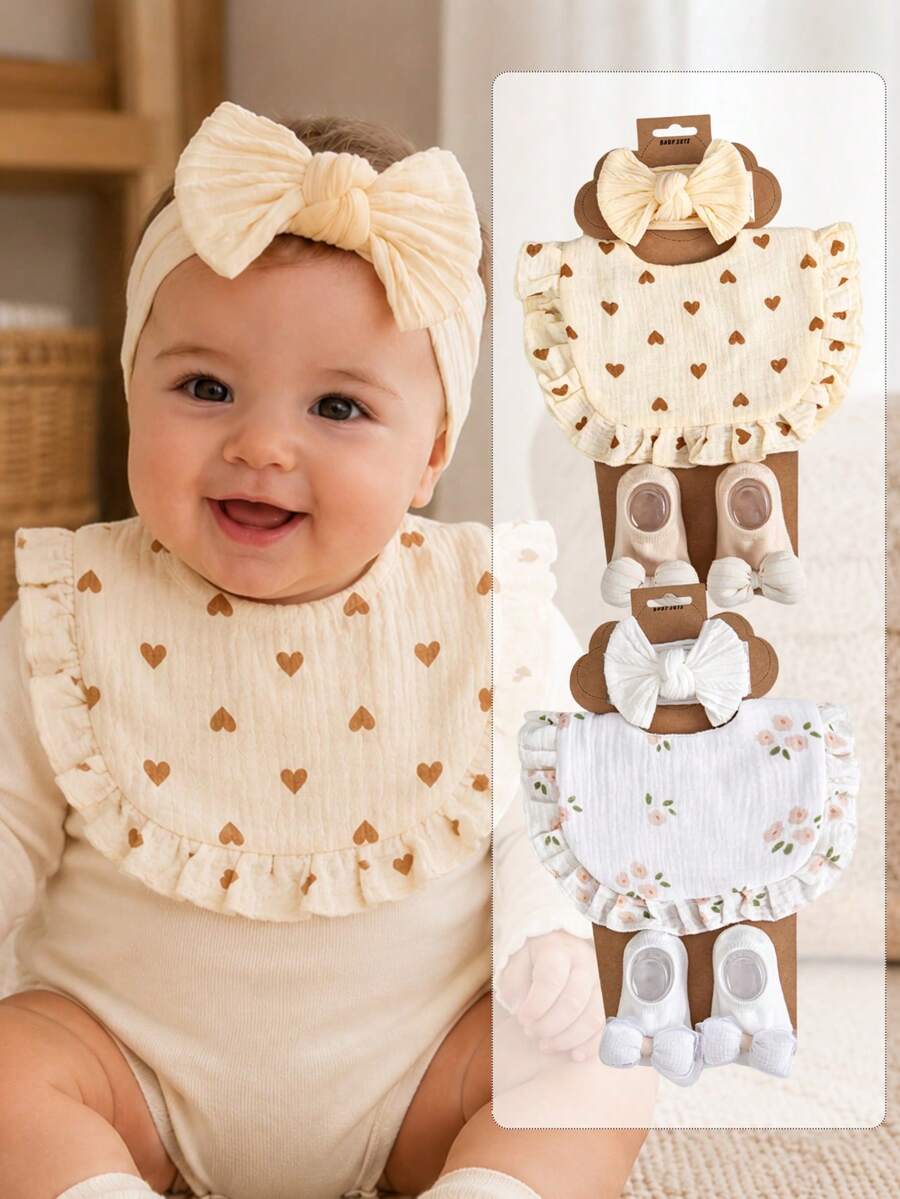 3PCS Baby Floral Bibs, Elastic Solid Color Nylon Headbands, Bow Decor Anti-Slip Short Socks, Cute Newborn Bibs & Headband Set - Multicolor - View 1