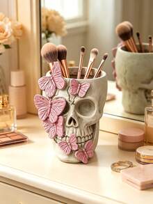 Skull Makeup Brush Holder, Butterfly-Shaped Gothic Makeup Brush Holder, Desktop Pen Holder, Dressing Table Decoration, Pink/Gold - Multicolor - View 4