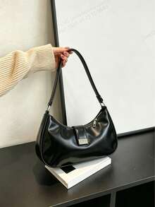 Minimalist Black Curved Crescent-Shaped Messenger Bag With Adjustable Shoulder Strap, Vintage Shoulder Bag - A - View 6