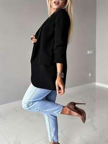 Women's Black Polyester Long Sleeve Regular Fit Long Blazer, Elegant Autumn Professional Attire, Exuding Noble Elegant Fall - Black - View 4