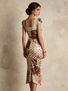 ELYRADIA Robe d'été élégante à imprimé floral et pois - Beige - Voir 5