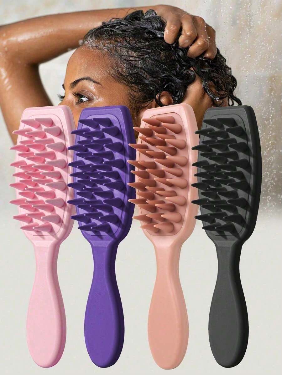 1pc Scalp Massage Shampoo Brush, Soft Silicone Bristles Long Handle Hair Comb, Ergonomic Macaron Color Shower Hair Care Cleaning Brush, Suitable For Curly Hair, Home Bathroom Use - Multicolor - View 1