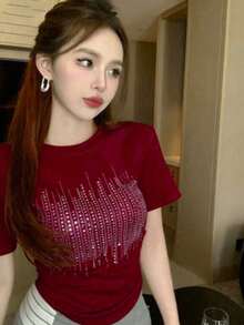 女款夏季水鑽印花圓領短袖休閒T恤 - 酒紅色 - 查看 2