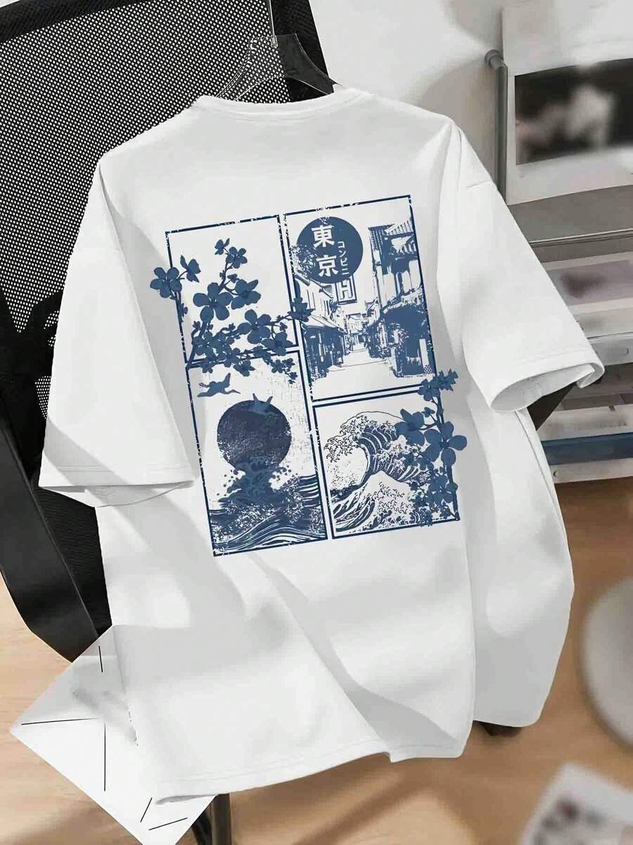 Camiseta gráfica divertida para mujer, estilo retro japonés, estampado de ola de flor de cerezo de Tokio, moderna, casual, cómoda, cuello redondo - Blanco - Ver 1