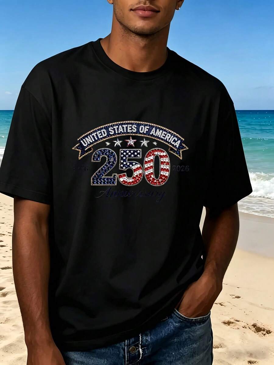 Independence Day United States Of America 250 Anniversary T-Shirt Black Patriotic Design With Stars And Stripes Pattern Fashionable Casual Wear For Beach Outdoors Celebrations Perfect G - Negro - Ver 1