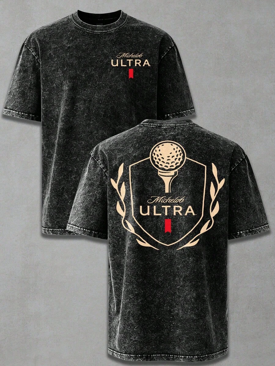Michelob Ultra Golf Ball Wash Men's Oversized Vintage Distressed Graphic T-Shirt, Short Sleeve, 100% Cotton, Loose Fit, Retro Urban Sport Style, Casual Vintage - 黑色 - 查看 1