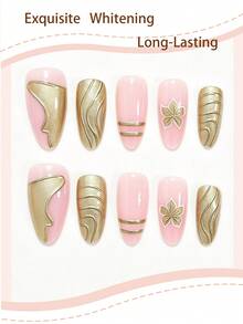 10pcs S Size Almond Shaped Press-On Fake Nails, Y2K Floral Line 3D Gold Foil French Luxury Full Coverage Nail Stickers, Suitable For Women And Girls, Summer Party Office Daily Wear, Includes 1 Adhesive Sheet And 1 Mini Nail File, Randomly Shipped Jelly Glue - Multicolor - View 3