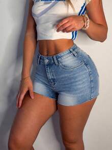 Women's Casual Washed Denim Mini Shorts With Pockets, Medium Stretch, Straight Leg - Blue - View 3