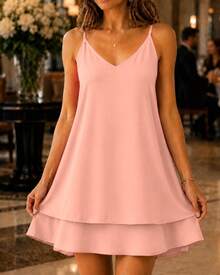 Women's Short Loose Tiered Ruffle Dress Candy Colors Summer Adjustable Straps - Peach - View 2