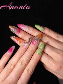 10 pièces Autocollants pour ongles en forme d'amande, faits à la main, de qualité premium, sculptés à la main, ornés de strass, manucure française, manucure dégradée, peints à la main, lignes asymétriques dessinées à la main, colorés, ongles acryliques, faux ongles à coller, convient pour les fêtes, les mariages, le port quotidien, livré avec un kit d'outils, convient aux filles et aux femmes - Multicolore - Voir 3