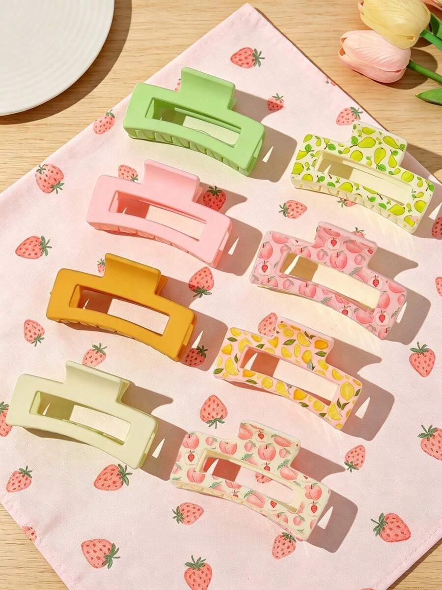 8 pièces Pinces à cheveux carrées moyennes polyvalentes et mignonnes avec imprimé de fruits & couleur unie pour coiffure mi-haute - Multicolore - Voir 1