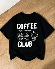 1pc Women's T-Shirt With Large White Letters "COFFEE", Minimalist Drawings Of Coffee Accessories And Calligraphy Phrase, Design For Coffee Lovers, Casual Everyday Style - 黑色 - 查看 2