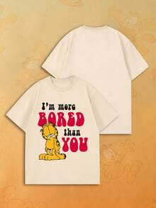 SHEIN | Garfield 女款米色圓領T恤，暴躁卡通與標語印花，寬鬆短袖，適合日常街頭休閒穿著 - 杏色 - 查看 5