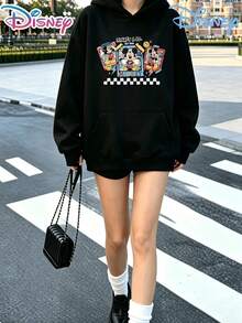 Disney Mickey Mouse Checkerboard Graphic Hoodie, Oversized Black Kangaroo Pocket Sweatshirt, Retro Streetwear Pullover For Women - 黑色 - 查看 3
