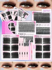 YIDUO 980pcs 6-Style Mixed Cluster Eyelash Extension Set, 80D-300D Pointed Base Dense D-Curl Lashes 5-20mm, Complete DIY Kit With 2 Bottles Of Adhesive & Sealer, Remover, Tweezers And Brush, Suitable For Home Use - Multicolor - View 11