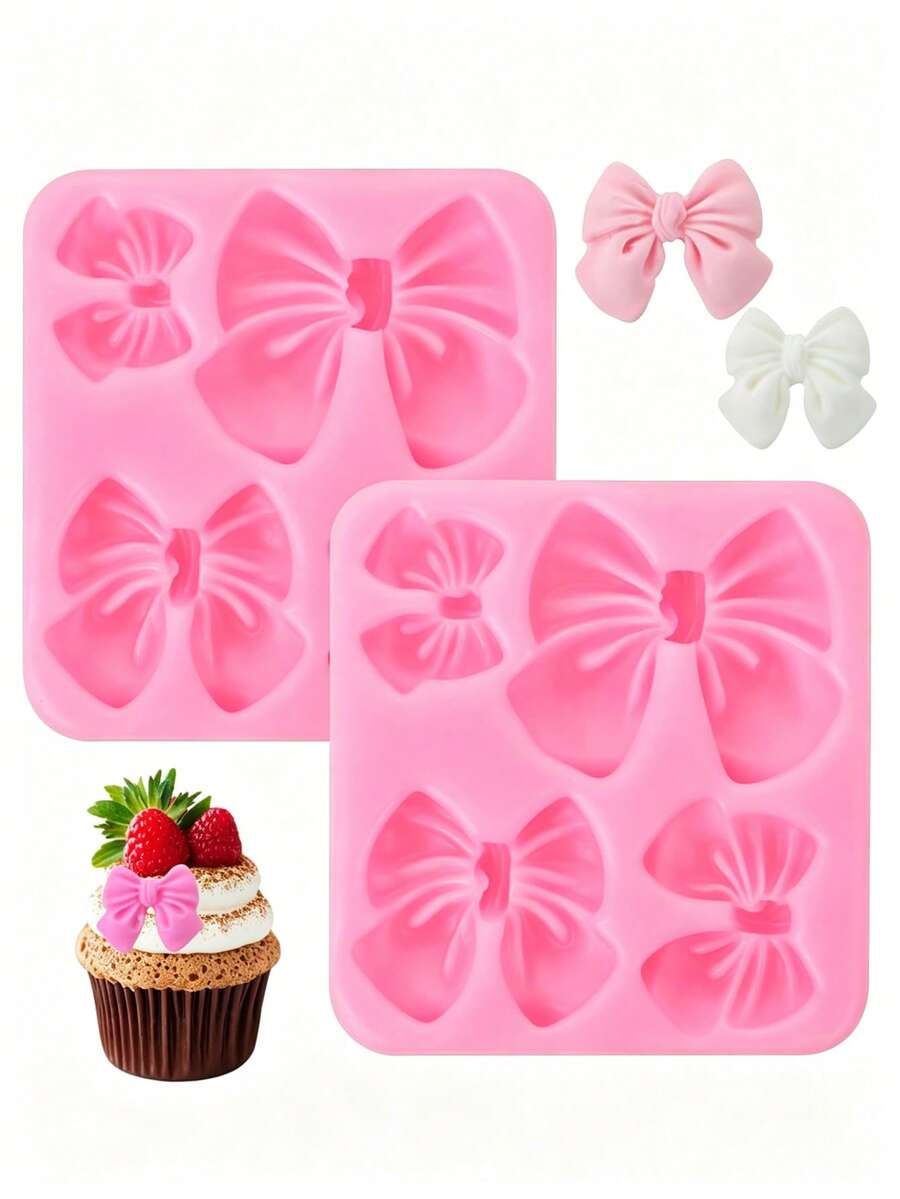 2/4Pcs Baby Shower Party Bow Silicone Molds 4 Cavity Bow Fondant Chocolate Moulds DIY Cupcake Topper Dessert Decorating Supplies - Pink - View 1