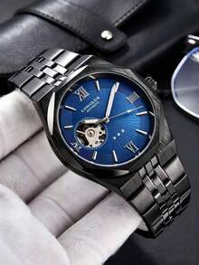 LONGLUX 1pc Men's Automatic Mechanical Watch With Hollow Roman Mixed Dial, Luxury Business Style Stainless Steel Band Wristwatch, Suitable For Daily Wear And Holiday Gift - Blue - View 3