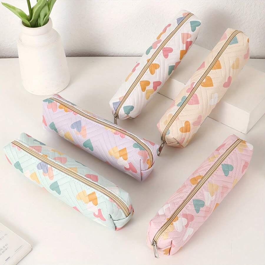This Pencil Case Is Decorated With Creative Colorful Heart Patterns, Making It Perfect For Storing Makeup Brushes And Cosmetics, An Ideal Gift For Friends During The Back-To-School Season. Suitable For: Back-To-School Season, School Supplies, Pencil Case, Backpack, Makeup Bag, Fun Gift. - Multicolor - View 1