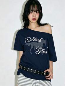 Y2K Print Off-Shoulder Short-Sleeve T-Shirt (Women's), Summer Clothing, 2026 New Arrival, Fashionable Inner/Outer Layer, Relaxed Fit, Slimming Effect, Off-Shoulder, Sexy, Versatile Top - Navy Blue - View 2