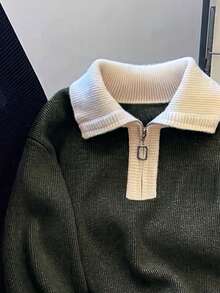 Women's Autumn/Winter Slouchy Turn-Down Collar Zipper Embroidered Knit Sweater Top, Casual Daily Wear, Commuting, Elegant - Grayish-green - View 3