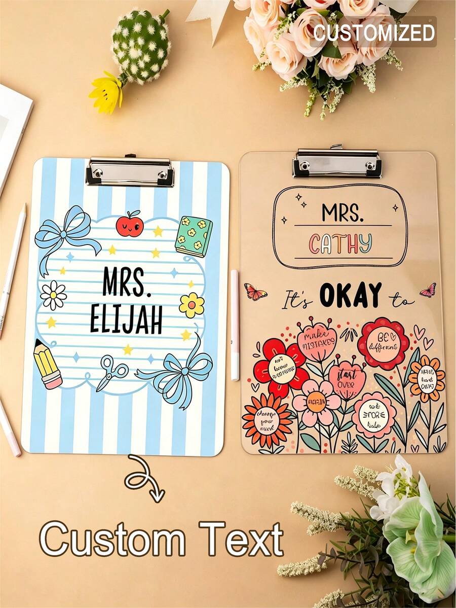 Customized Text Teacher Clipboard, Personalized Name Acrylic Clipboard, Cute Cartoon Floral Bow Print, Customized Name File Board, Back To School Teacher Appreciation Gift, Office And School Supplies - Multicolor - View 1