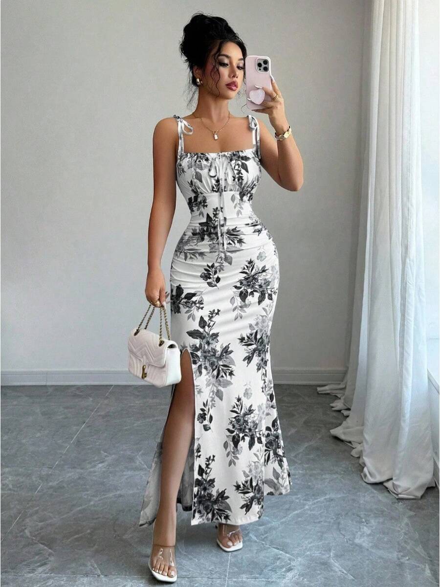 Women's Floral Mermaid Maxi Dress With Thin Straps And Bow, Square Neck, Ruched, Bodycon, For Wedding Guests, Beach Vacations And Date Nights. - 灰色 - 查看 1