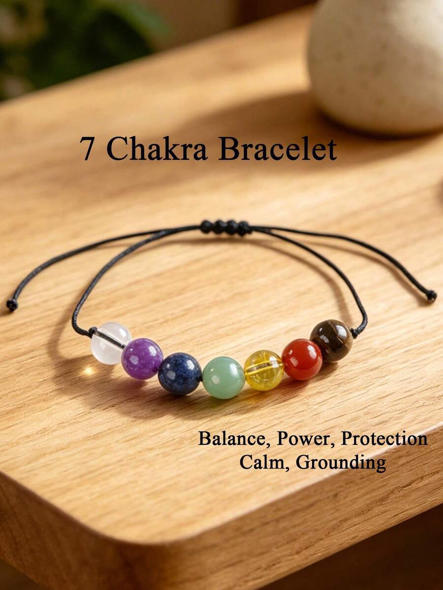 Elegante braccialetto con 7 pietre chakra, braccialetto regolabile con cristalli di equilibrio, gioiello fatto a mano intrecciato con energia Reiki curativa, stile vintage boho per donne e uomini - Multicolore - Visualizzare 1