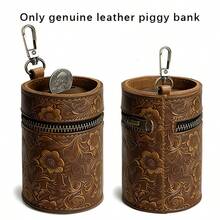 Handmade Piggy Bank Made Of Top-Grain Cowhide With Tang Grass Pattern, Fits Into Car Cup Holders, Coin Purse, Coin Storage Box, Money Clip, - Tang Grass Pattern - Coffee Color - View 6