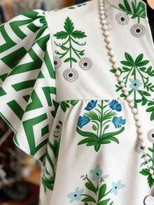 2026 Spring/Summer New French Vacation Style Ditsy Floral Shirt, Stand Collar Cap Sleeve Loose Concealing Blouse, Casual Daily Commute Cap Sleeve Shirt - Green - View 5