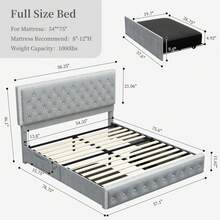 SIBEDS Marco de cama tapizado con LED RGB de tamaño queen con 2 cajones de almacenamiento y 2 bolsillos laterales, cama de plataforma de almacenamiento de tamaño king con cabecera capitoneada con botones de cristal y listones sólidos de soporte, sin ruido, sin necesidad de caja de resortes, fácil montaje, piel de poliuretano y terciopelo suave - Gris terciopelo - Ver 3
