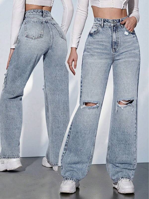 Pantalones vaqueros de mujer de mezclilla casual con bolsillo delantero y efecto desgastado