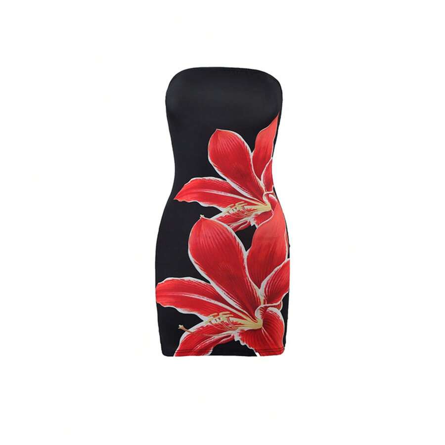Women's Strapless Fitted Short Floral Print Dress, Sexy European And American Style, Summer 2026 - 黑色 - 查看 1