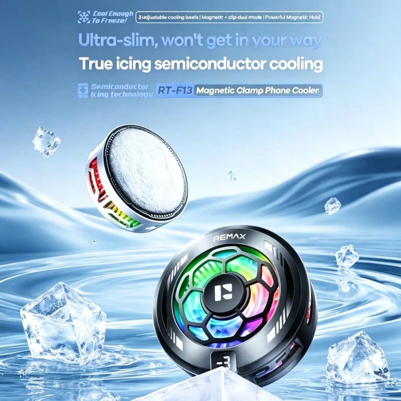 REMAX RT-F13 Magnetic Phone Cooler - Three-Level Adjustable Overclocking Cooling, Intelligent Digital Display Real-Time Temperature Control, Compatible With Apple/Samsung/Xiaomi, Keeps Hands Cool Even During Long-Term Mobile Gaming. - Multicolor - View 1
