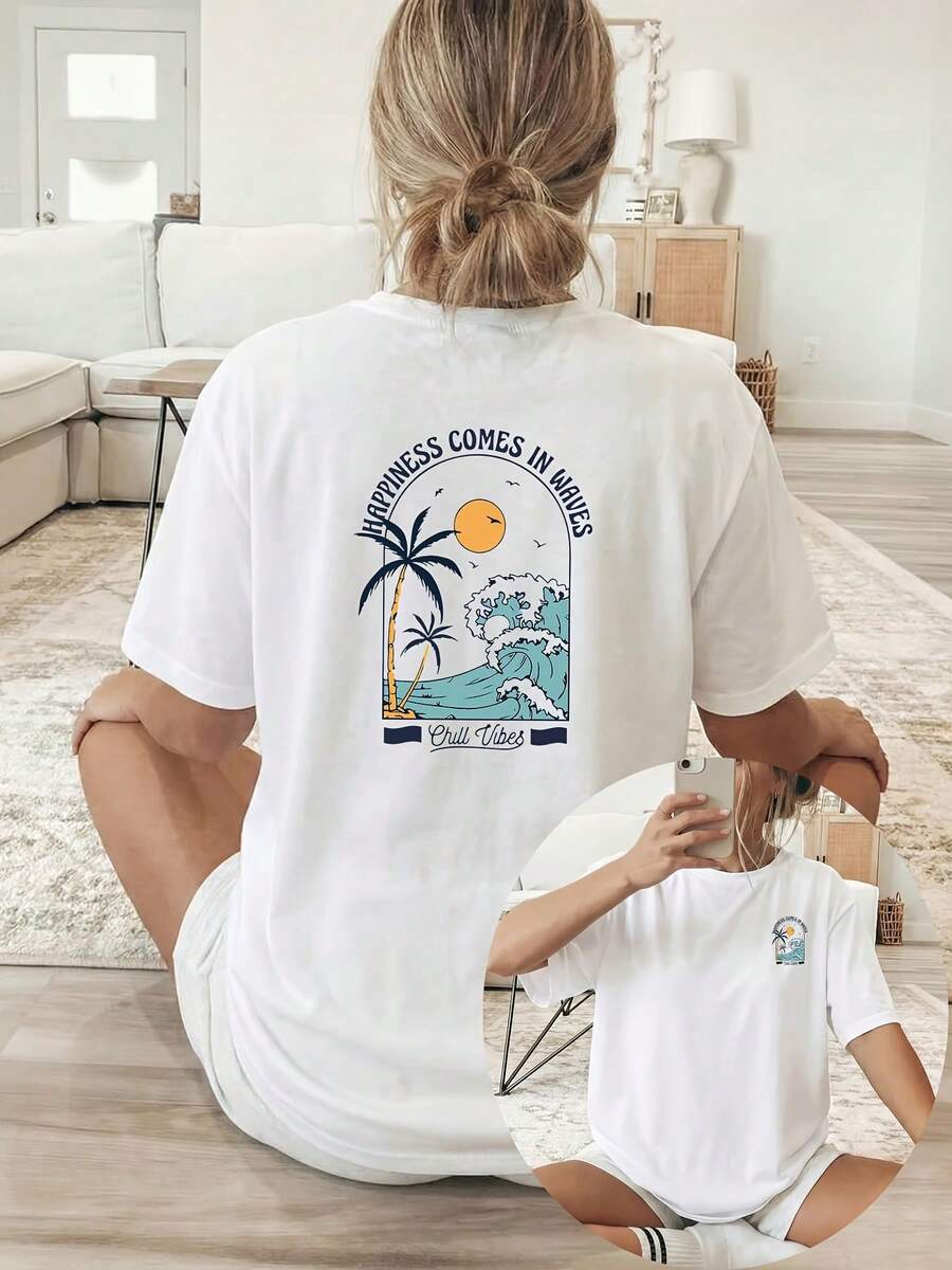 T-shirt casual da donna per primavera/estate con scollo rotondo e maniche corte, stampa con palma da cocco, onde dell'oceano e tramonto, con slogan in inglese, tessuto traspirante e lavabile in lavatrice, adatta per il comfort tutto l'anno. - Bianco - Visualizzare 1