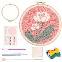 Poke Show 刺繡套件，粉色花卉主題，初學者刺繡套裝附布料、繡框、線材、針、刺繡筆、穿線器，適合初學者與成人，舒壓刺繡手工藝套組，成人手工藝 - A - 查看 3