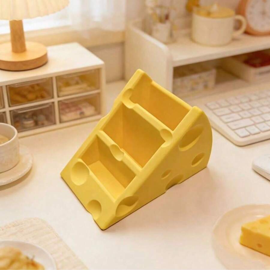 Un lindo estante de almacenamiento con forma de queso para control remoto, adecuado para almacenar tres controles remotos. No es solo un organizador de almacenamiento práctico para el escritorio, sino también un soporte para control remoto. - Amarillo - Ver 1