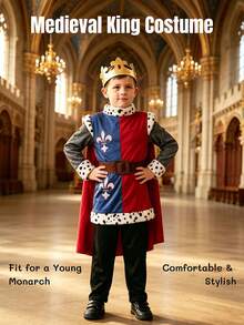 4 piezas Disfraz de Rey Medieval para Niños: Túnica + Corona + Capa + Pantalones, Adecuado para Actuaciones Escolares y Temas Históricos - Multicolor - Ver 11