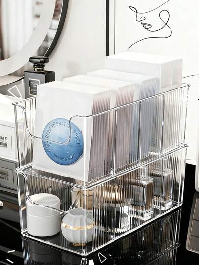 2pcs Transparent Storage Boxes, Striped Face Mask Organizer, Multi-Compartment Skincare Storage Rack, Large Capacity Transparent PET Desktop Cosmetic Organizer, Suitable For Vanity And Bathroom Countertop Storage