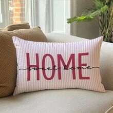 1pc Minimalist Daily Pink Striped Warm Home Slogan "Sweet Home" Text Illustration Cushion Cover, Single-Sided Printed Peach Skin Velvet Material, 30*50/40*60CM Pillowcase Suitable For Modern Minimalist Sofa Living Room Decor, Party Decoration, Gift Giving - Multicolor - View 6