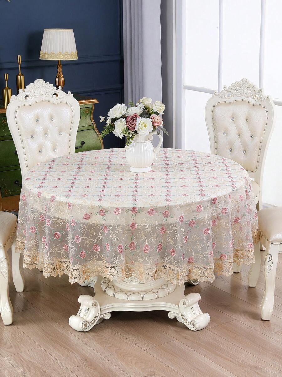HXARTMIS 1PC Vintage Rose Embroidered Tulle Lace Round Tablecloth, Gold Lace Trim Transparent Floral Table Cover, Suitable For Daily Dining, Party, Wedding And Home Decor - Brown - View 1