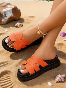 Spring/Summer New Buckle Thick Sole Open Toe Wedge Sandals Women's Casual Soft Bottom Versatile Beach Shoes - Coral Orange - View 7