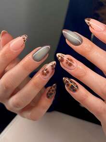 24pcs Elegant Vintage Street Style Minimalist Daily Gold Metal Bead Decor Mocha Brown Floral Brown Tortoise Shell Medium Almond Shaped Press-On Nails Fake Nails Set, Suitable For Girls And Women With Personalized - Mocha Brown - View 11