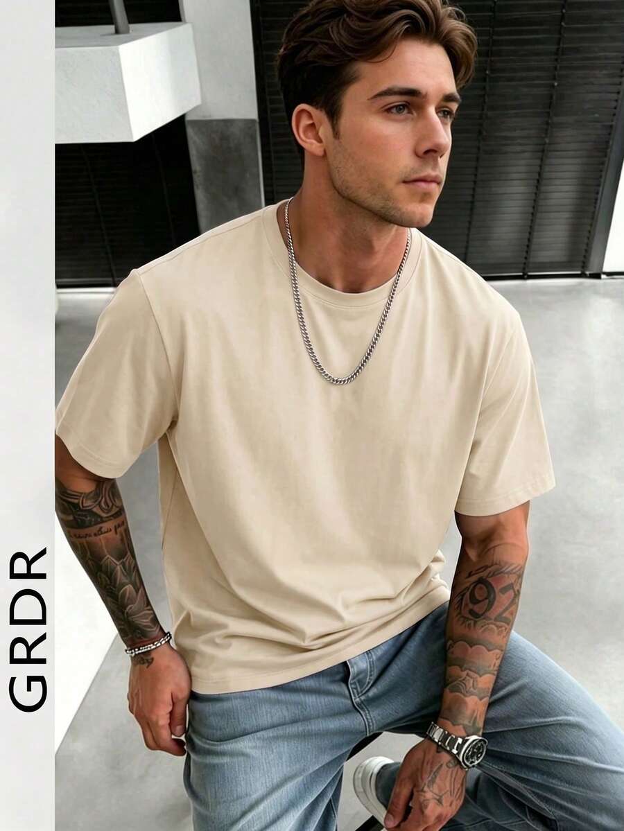 GRDR 男士时尚宽松短袖T恤 | 精致设计 | 夏季必备 | 百搭易配 | 展现您的风格 - 杏色 - 查看 1