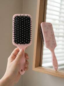 1 pieza/Peine de cojín de aire suave de ABS grande con lazo rosa, cepillo de cojín de aire desenredante, peinado suave, peine de cojín de aire cuadrado con lazo rosa claro y orificio para colgar, peine de cabello esponjoso, rosa juvenil, para uso diario en el hogar, baño, estudiante, todas las estaciones - Rosa - Ver 6