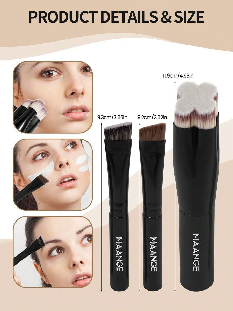 MAANGE 3pcs Portable Travel Makeup Brush Set With Foundation Brush, Eyebrow Brush, Concealer Brush, Makeup Tools Suitable For Home, Travel Or Outdoor Use, Gift For Women And Girls - Black - View 1